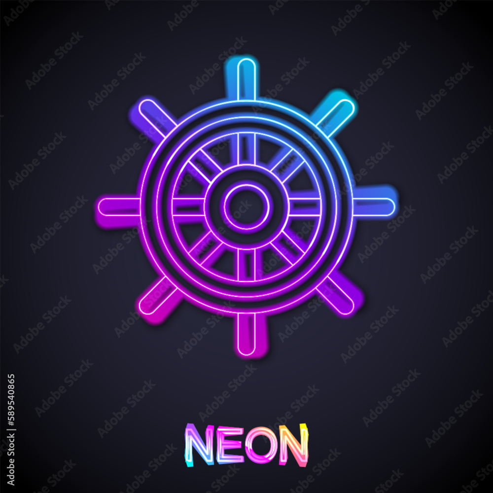 Glowing neon line Ship steering wheel icon isolated on black background. Vector Glowing neon line Ship steering wheel icon isolated on black background. Vector
