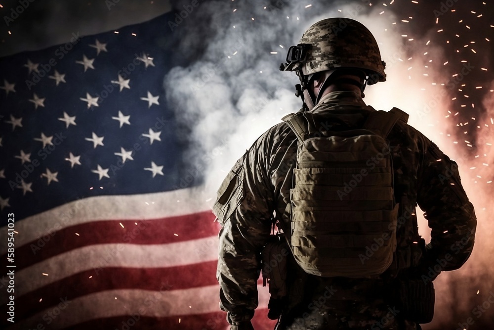 Fototapeta premium Memorial Day Patriotic Soldier Salutes Spectacular Fireworks Display with American Flag