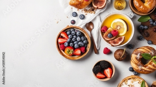 Healthy breakfast set on white background, top view, copy space. Generative ai.