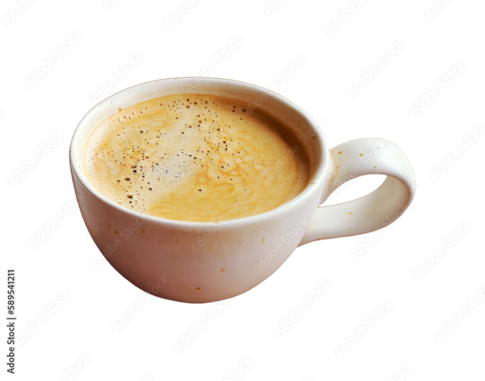 Closeup a cup of hot frothy coffee isolated on transparent background, PNG file Closeup a cup of hot frothy coffee isolated on transparent background, PNG file