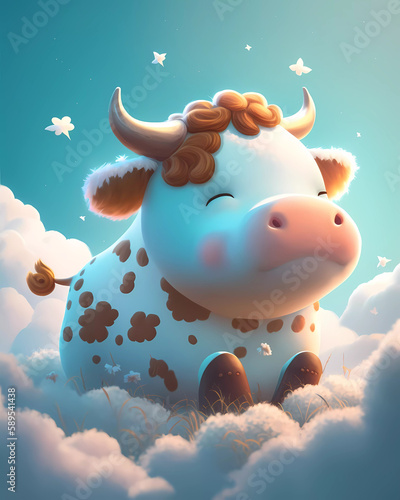 Cute Cow with clouds and blue sky   Soft Illustration Cartoon -   Generative AI  