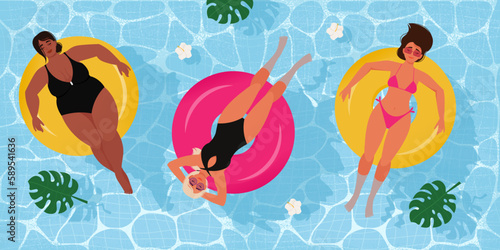 Women in swimsuits on an inflatable circle in the pool. Vector illustration in flat style