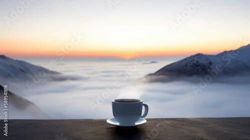 cup of coffee on bench overlooking mountains, clouds and sunrise generative ai