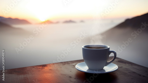 cup of coffee on table overlooking mountains, clouds and sunrise generative ai