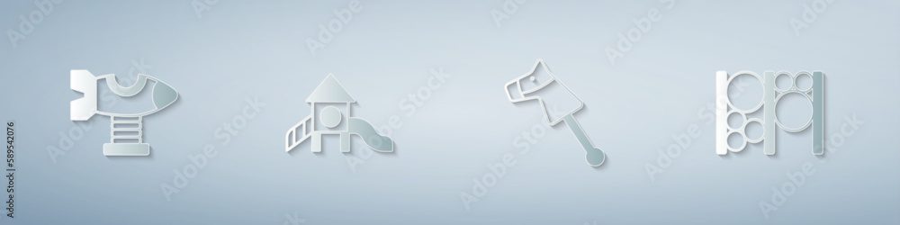 Set Swing plane, Slide playground, Toy horse and Playground climbing equipment. Paper art style. Vector Set Swing plane, Slide playground, Toy horse and Playground climbing equipment. Paper art style. Vector