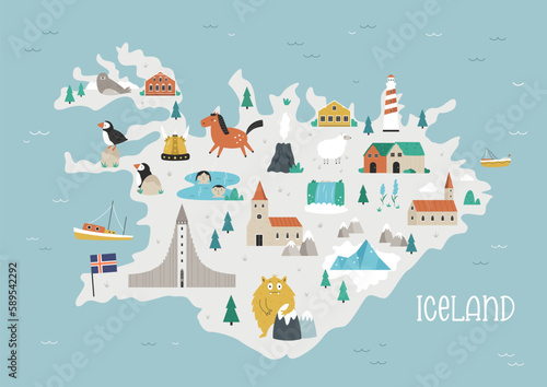 Vector illustration of Iceland map with famous symbols, landmarks, animals.