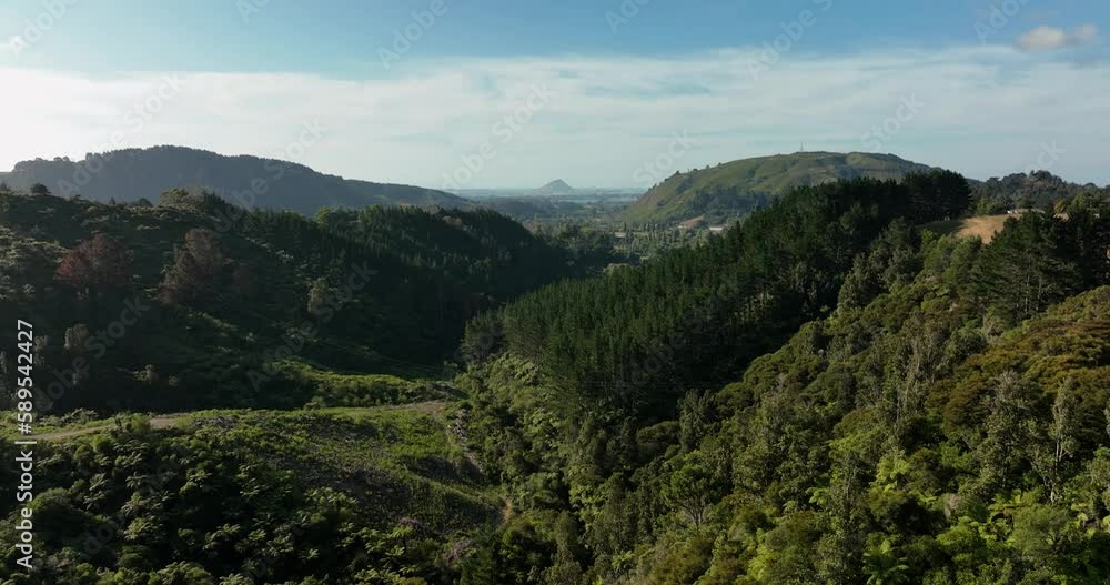 Aerial drone view of Mount Maunganui from Kaiate Falls. Bay of Plenty, New Zealand Aerial drone view of Mount Maunganui from Kaiate Falls. Bay of Plenty, New Zealand