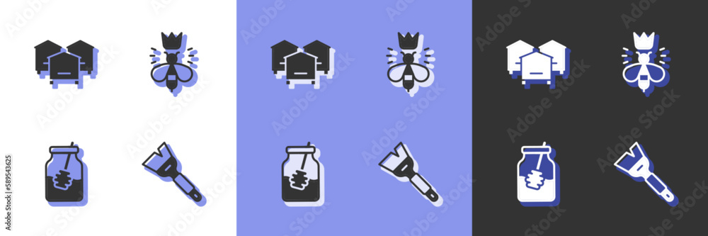 Set Beekeeping brush, Hive for bees, Jar of honey and dipper stick and Queen icon. Vector Set Beekeeping brush, Hive for bees, Jar of honey and dipper stick and Queen icon. Vector