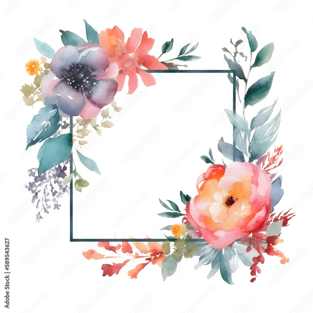 Spring Garden Frame with Blooming Flowers and Leaves. Hand Drawn Watercolor . PNG Transparent Background