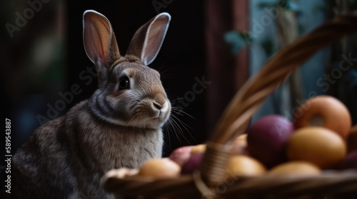 Basket full of colores easter eggs in front of a brown rabbit as a symbol for easter. Generative AI.