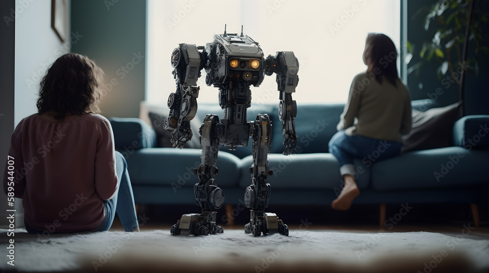 Robot using artificial intelligence in the living room of a house with the family sitting looking out the window. Technology and robotics concept. Generative ai Robot using artificial intelligence in the living room of a house with the family sitting looking out the window. Technology and robotics concept. Generative ai