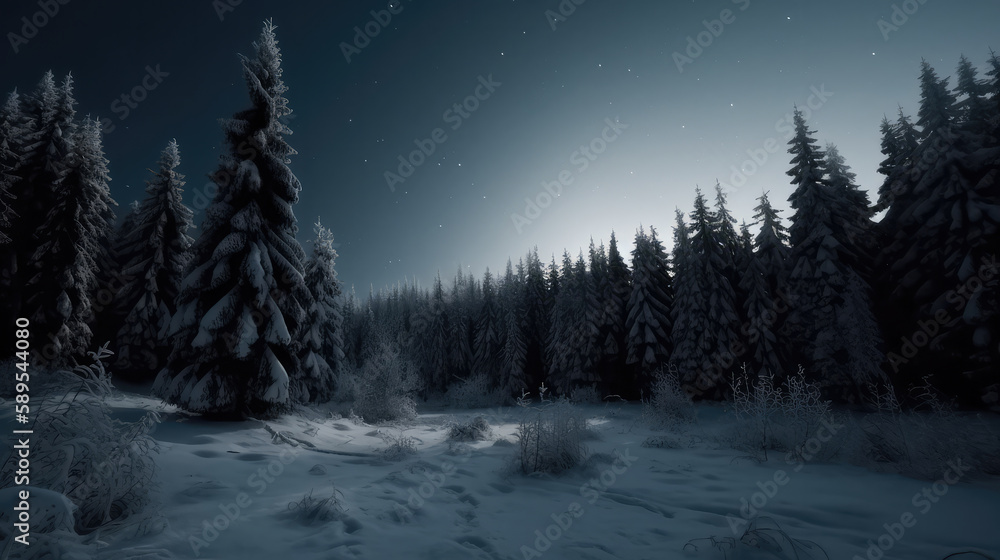 Beautiful landscape with several trees and a lot of snow in the middle of the night in winter. Generative AI.