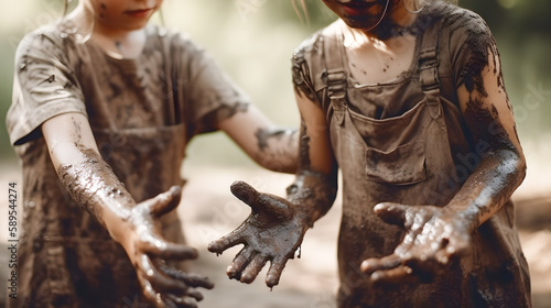 Girls playing with nature with their hands and clothes stained with mud. Concept of nature and children's play. Generative ai