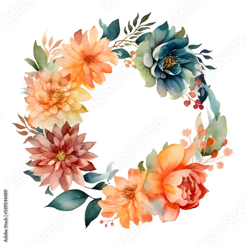 Colorful Watercolor Floral Frame with Blooming Flowers and Leaves. Perfect for Wedding Invitations. PNG Transparent Background © Waqar
