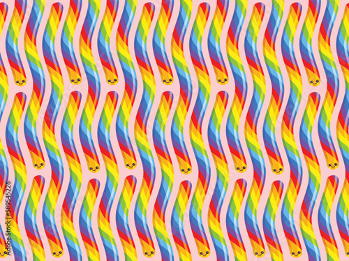 Cute jelly worms on pink background seamless pattern. Vector image of rainbow sour sweets. Repeated pattern design. 