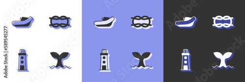 Set Whale tail, Inflatable boat with motor, Lighthouse and Nautical rope knots icon. Vector