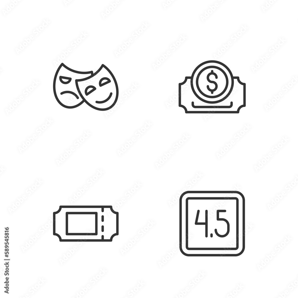 Set line Rating movie, Cinema ticket, Comedy and tragedy masks and icon. Vector Set line Rating movie, Cinema ticket, Comedy and tragedy masks and icon. Vector