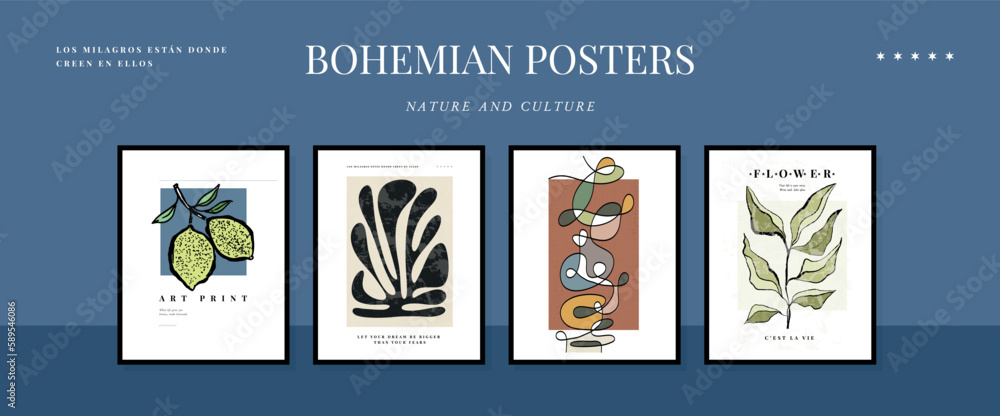 Large grid of Modern A4 posters in a modern boho style, hand-drawn. Suitable for poster, banner, print, branding