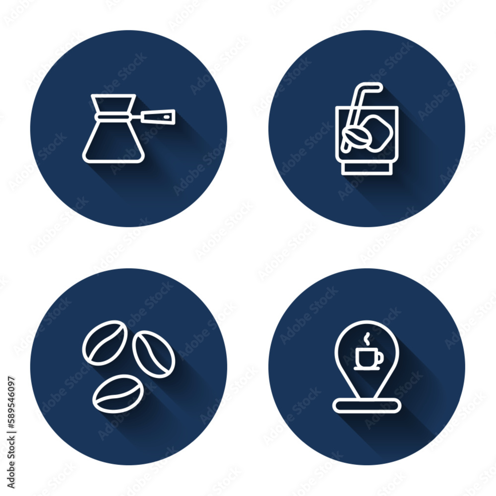 Set line Coffee turk, Espresso tonic coffee, beans and Location with cup with long shadow. Blue circle button. Vector Set line Coffee turk, Espresso tonic coffee, beans and Location with cup with long shadow. Blue circle button. Vector