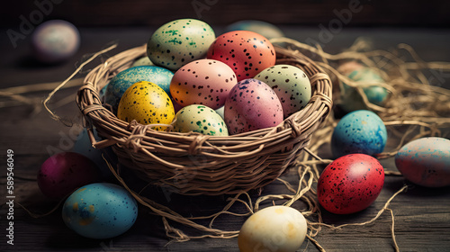 Orthodox Easter. Easter dotted eggs in a wicker basket on wooden table. Selective focus