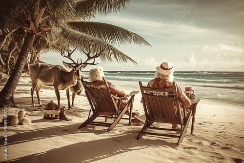 Santa Claus and Reindeer Relaxing on Tropical Beach, Generated by AI