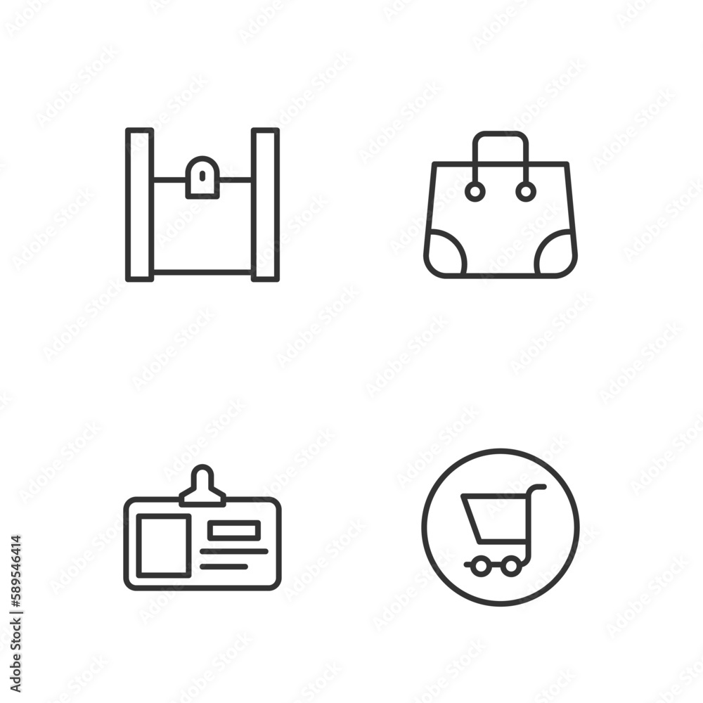 Set line Shopping cart, Identification badge, Paper shopping bag and icon. Vector Set line Shopping cart, Identification badge, Paper shopping bag and icon. Vector