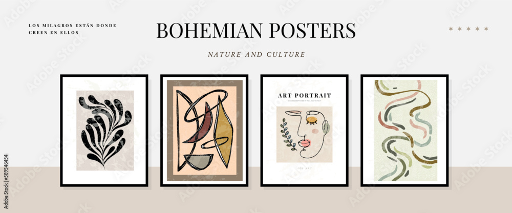 Obraz premium Large grid of Modern A4 posters in a modern boho style, hand-drawn. Suitable for poster, banner, print, branding