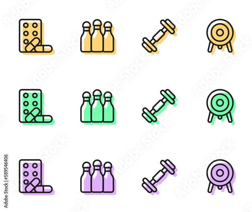 Set line Dumbbell, Sports doping with dumbbell, Bowling and Target sport icon. Vector