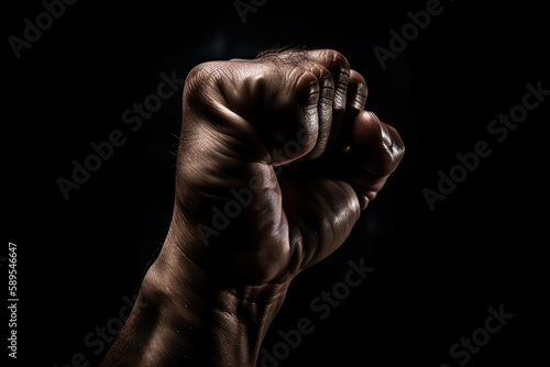 A man clenched his fist on a black background.shaded hand, darkened background .gesture. Generative AI 