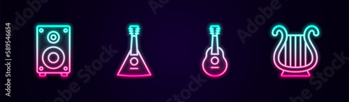 Set line Stereo speaker, Balalaika, Guitar and Ancient Greek lyre. Glowing neon icon. Vector