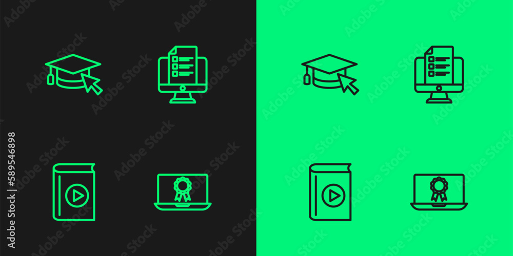 Set line Online education with diploma, Audio book, Graduation cap cursor and quiz, test, survey icon. Vector Set line Online education with diploma, Audio book, Graduation cap cursor and quiz, test, survey icon. Vector