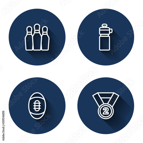 Set line Bowling pin, Fitness shaker, American Football ball and Medal with long shadow. Blue circle button. Vector