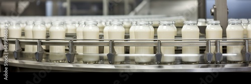 Conveyor with bottles filled with milk products. Generative AI