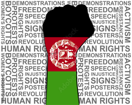 Raised fist on Afghanistan flag, political news banner, victory or win concept, freedom symbol