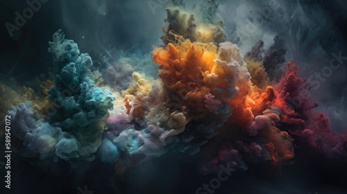 Coloured light and smoke combining to form a spiritual ethereal landscape. Generative Ai