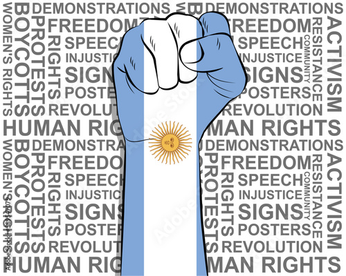 Raised fist on Argentina flag, political news banner, victory or win concept, freedom symbol