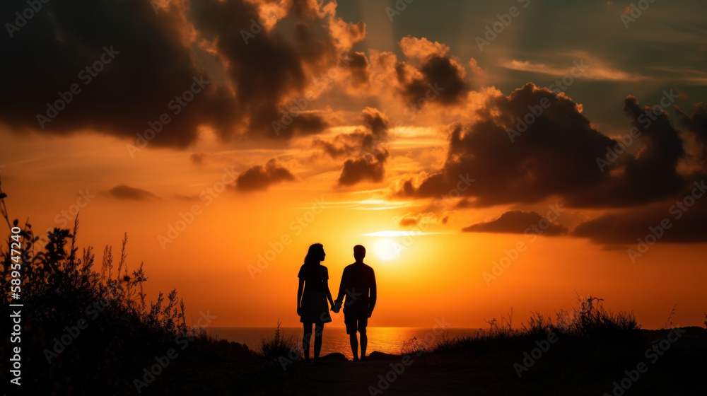 2 soulmates holding hands on a beach at sunset. Generative Ai.