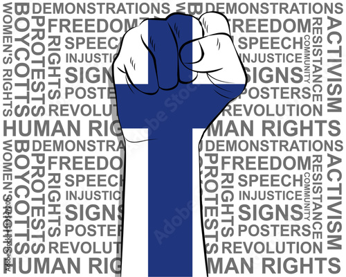 Raised fist on Finland flag, political news banner, victory or win concept, freedom symbol