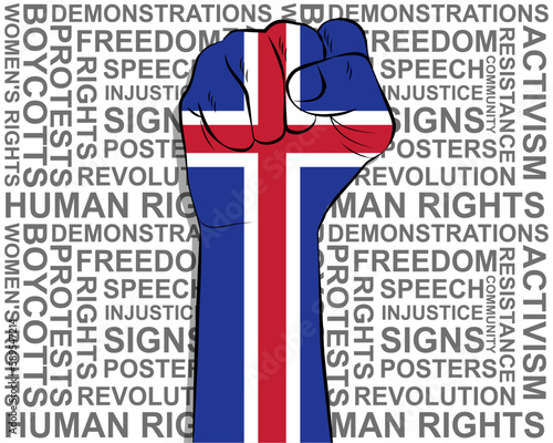Raised fist on Iceland flag, political news banner, victory or win concept, freedom symbol