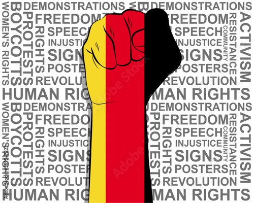 Raised fist on Germany flag, political news banner, victory or win concept, freedom symbol