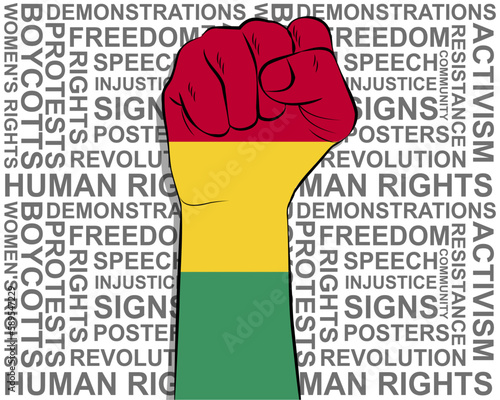 Raised fist on Guinea flag, political news banner, victory or win concept, freedom symbol