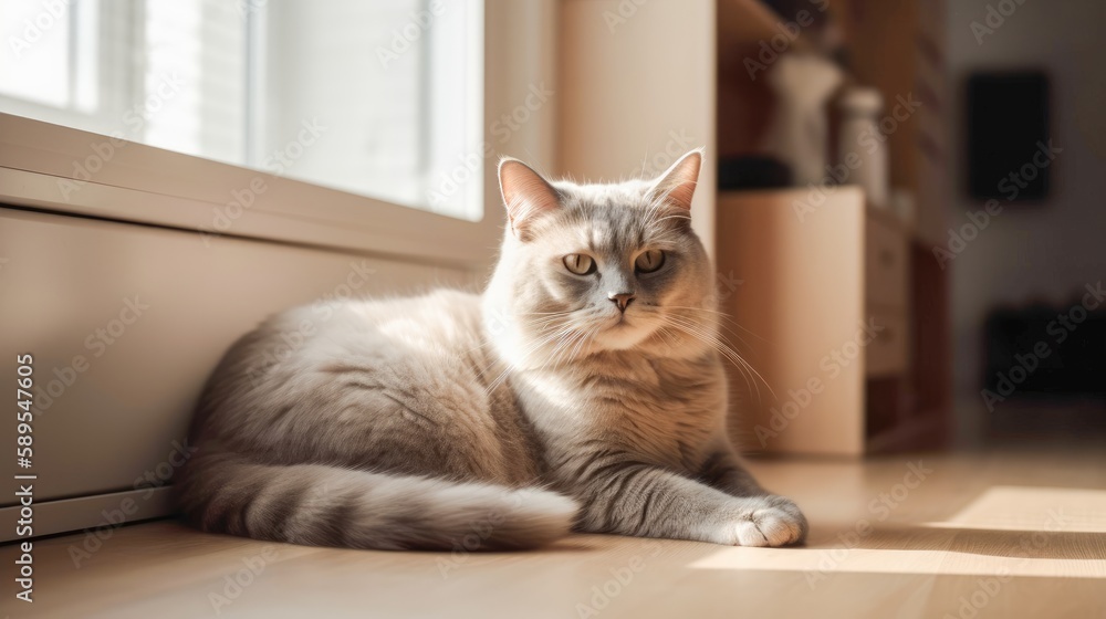 Pets concept in urban environments. House cat sitting peacefully in well-lit house furnished with modern decors