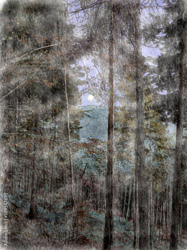 Watercolor landscape of a mountain forest