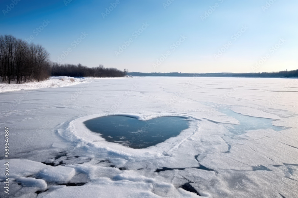 Heart shape love sign drawn on a snow-covered ice on a winter lake with copy space. Heart shape love sign drawn on a snow-covered ice on a winter lake with copy space.