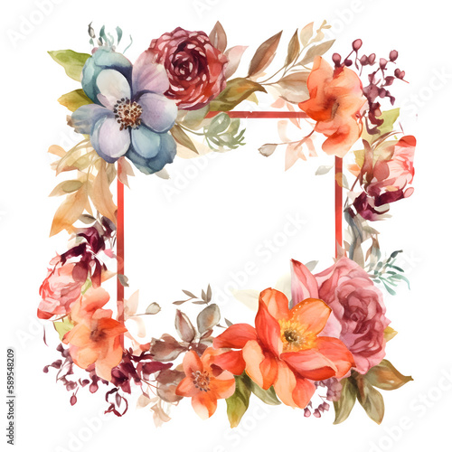 Watercolor Floral Frame with Blush Pink and Peach Flowers. Perfect for Bridal Shower Invitations. PNG Transparent Background