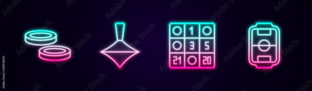 Set line Checker game chips, Whirligig toy, Bingo card and Table football. Glowing neon icon. Vector Set line Checker game chips, Whirligig toy, Bingo card and Table football. Glowing neon icon. Vector