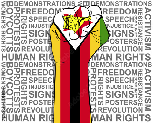 Raised fist on Zimbabwe flag, political news banner, victory or win concept, freedom symbol