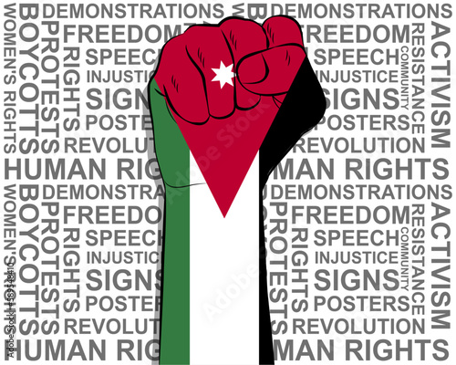 Raised fist on Jordan flag, political news banner, victory or win concept, freedom symbol