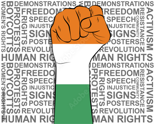 Raised fist on Ivory Coast flag, political news banner, victory or win concept, freedom symbol