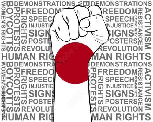 Raised fist on Japan flag, political news banner, victory or win concept, freedom symbol
